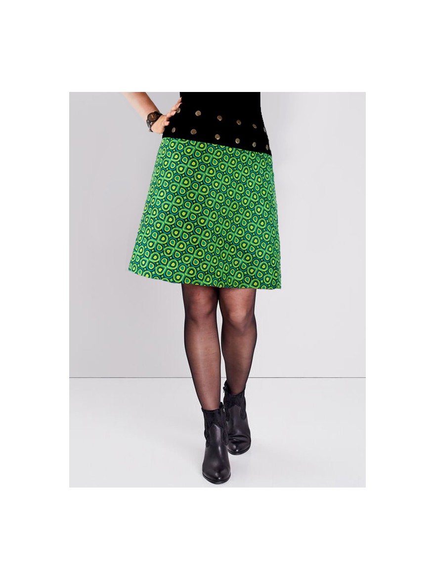 Trendy women's look in green printed A-line skirt with adjustable knee length