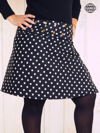 black skirt with white polka dots and piping, women's fitted waistband