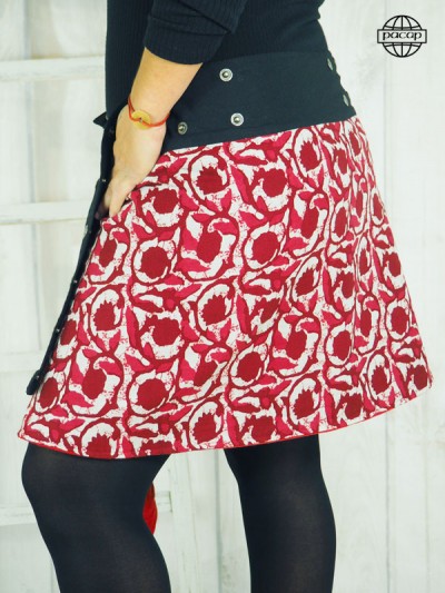 jupe rouge a fleurs réversible taille unique coupe wrap enveloppante coupe trapèze jupe à boutons pour femme