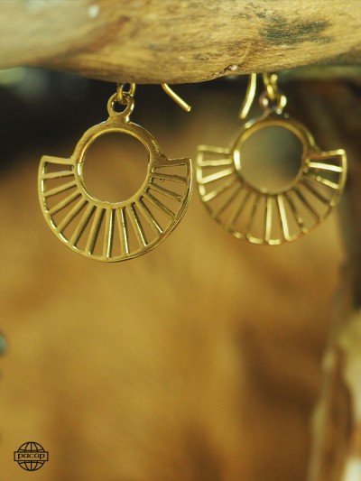 Hanging earring jewelry on wood in gilded brass
