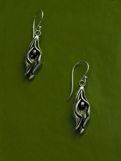 Silver-plated brass dangling earrings with hook clasp