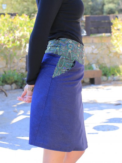 woman in jeans skirt with pocket
