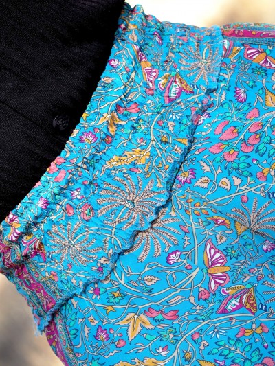 pantalon d'été, pantalon taille elastique bleu motif fleuri ceinture élastiquée
