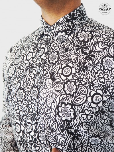 black and white shirt with flowers man