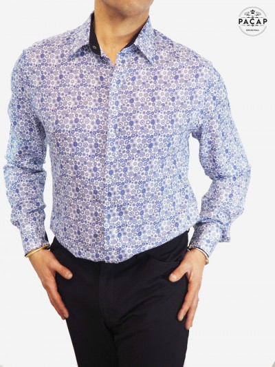 chemise blanche imprimé micro motif mandala bleu homme
