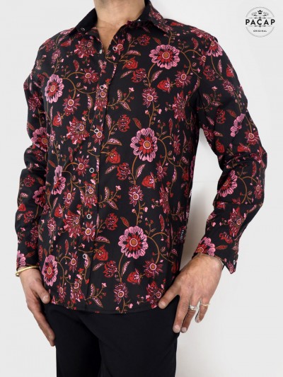 black shirt with red flowers for men