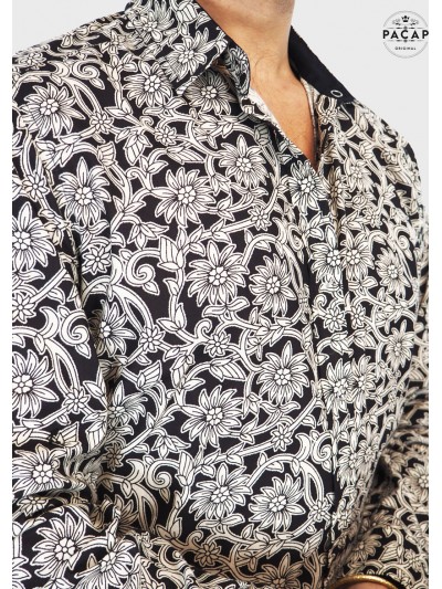 chemise élégante noir motif fleur manches longues col américain  homme grossiste chemise