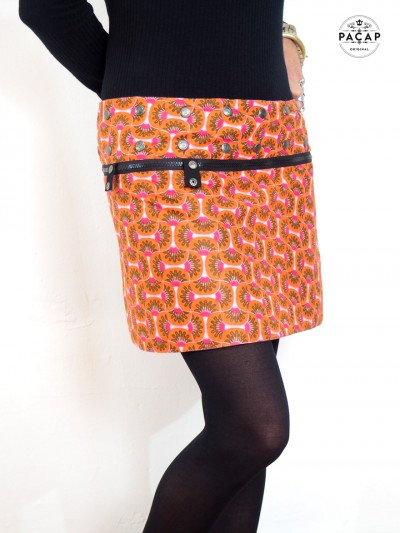 skirt woman ethnic pattern orange belt zip