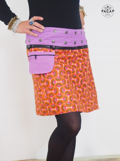 Women's orange wrap skirt with zip belt and pocket