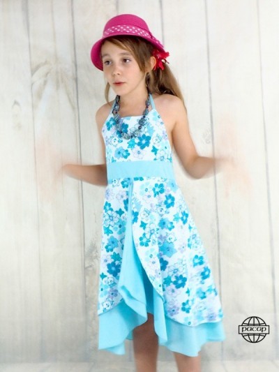 long blue dress for girls, flower pattern, wholesale France, one model, adjustable waist