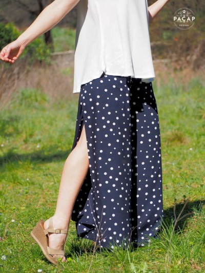 pantalon yoga portefeuille ample large noir taille unique haute motif pois blanc en viscose, pantalon bleu ouvert