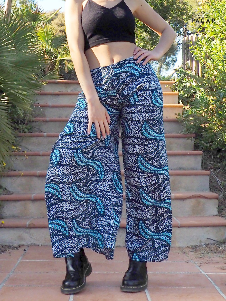jupe culotte jambes larges motif pois taille unique ajustable, cintré à nouer, pantalon wrap bleu à nouer