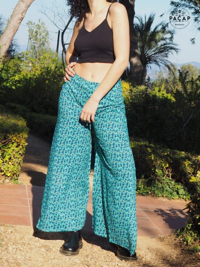pantalon bleu portefeuille taille haute imprimé pois, pantalon fendu, pantalon Bali