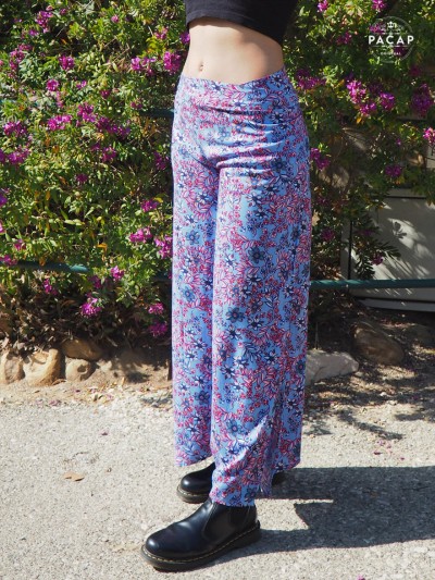 blue yoga pants adjustable waist printed flowers