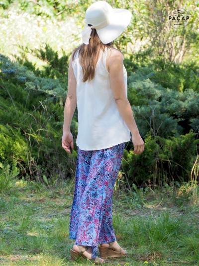 purple high-waisted slit pants with floral pattern