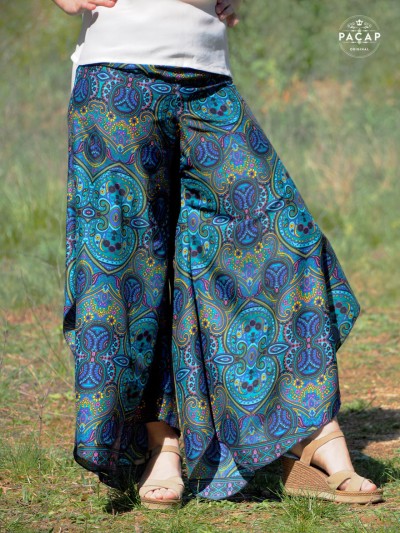 loose-fitting blue-green pants for women with wide legs and adjustable waist