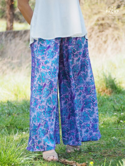 wide pants green floral pattern adjustable waist