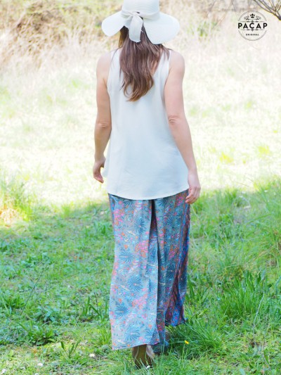 summer pants with multicolored flower print, adjustable waist