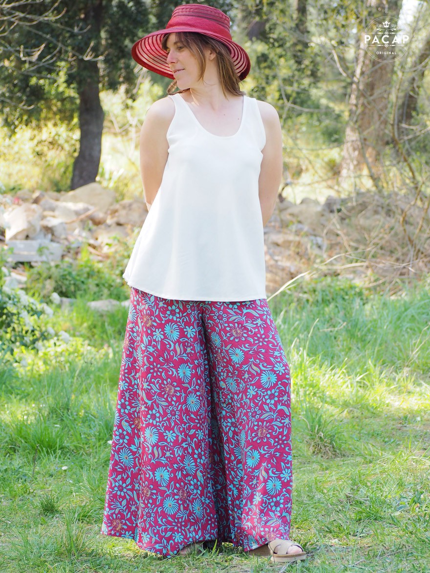 red high waist pants with floral pattern elephant paws