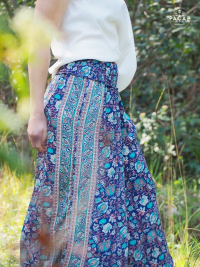 pantalon ample pour femme bleu pattes éléphant imprimé floral
