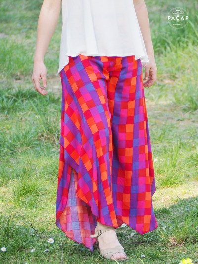 pantalon multicolore fendu et évasé pour femme motif carreaux