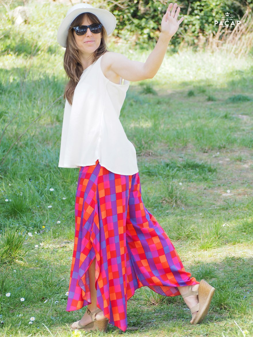 red pants with elephant legs, checkerboard pattern