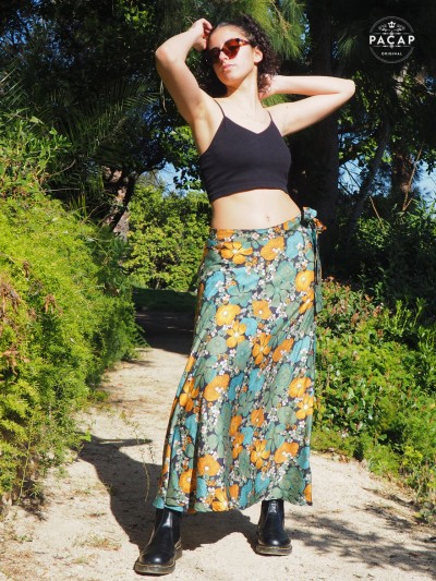 black midi skirt for women with floral print
