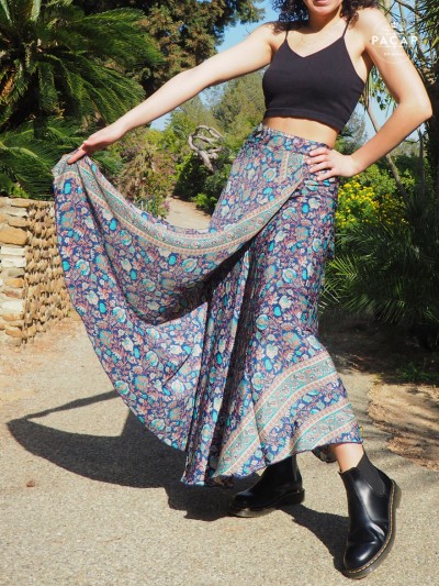 jupe midi bleue pour femme motif fleuri en soie