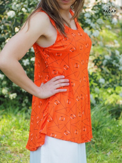 tee-shirt sans manches pour femme orange géométrique base volants
