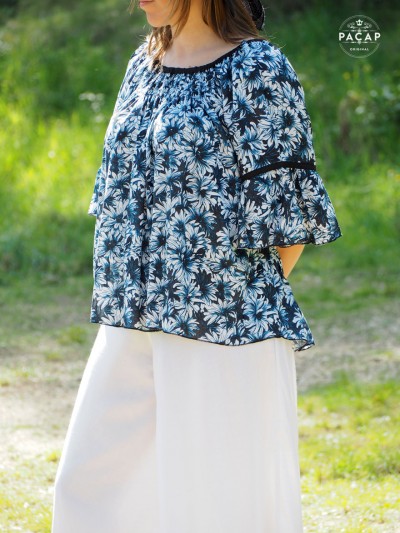 t-shirt bardot plissée pour femme bleu imprimé fleuri taille unique évasé