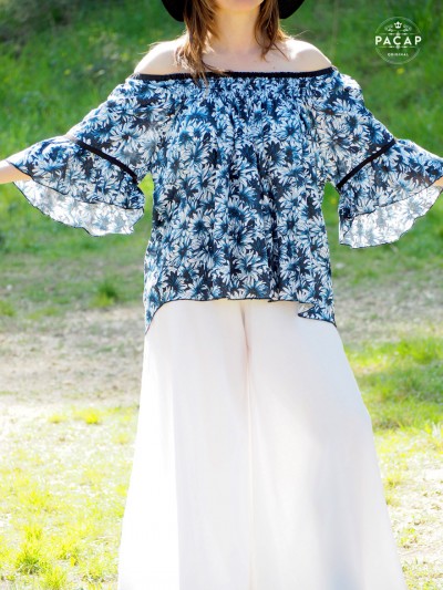 t-shirt woman blue flower pattern ruffled wide sleeves adjustable size