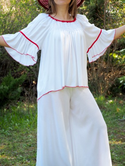 t-shirt léger manches larges femme blanc plissé manches volants taille unique