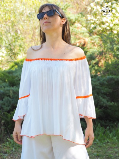 t-shirt femme ample épaules dénudées viscose blanc orange