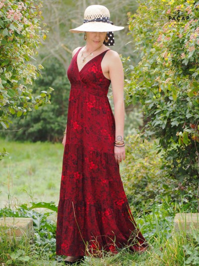 Sexy red evening dress with flowery pattern and adjustable waist