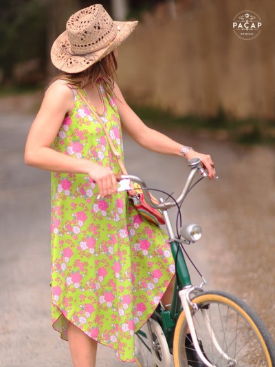 Green summer dress with Japanese flowers