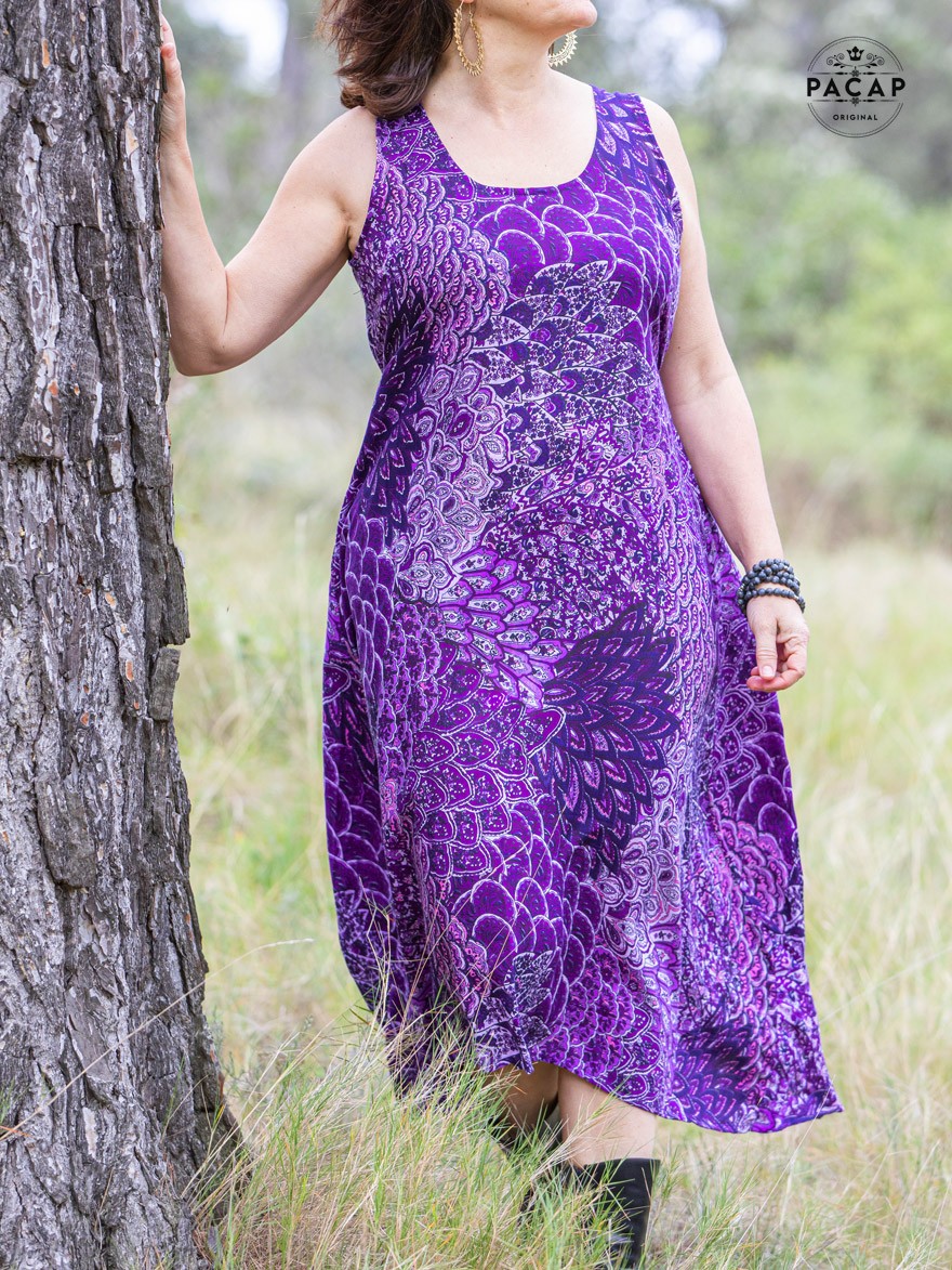 Robe longue d'été pour femme violette imprimé animal sans manches