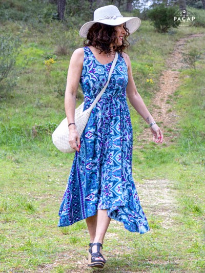 blue long dress for women with flowers straight cut