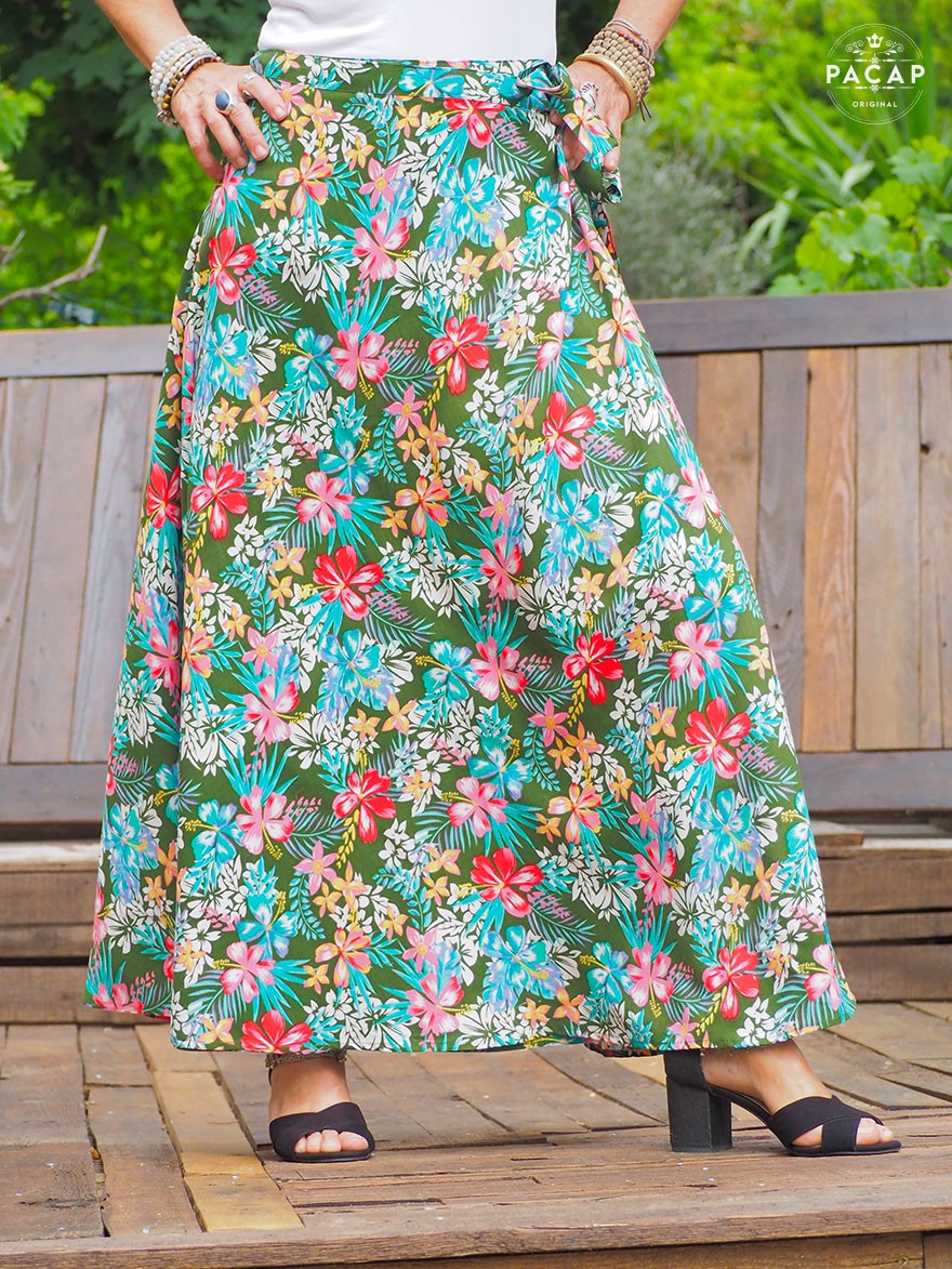 jupe portefeuille longue verte pour femme imprimé floral pour l'été