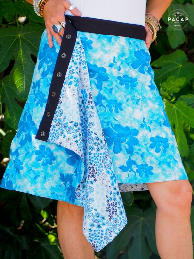 Reversible blue cross-over skirt with flowers, snap skirt