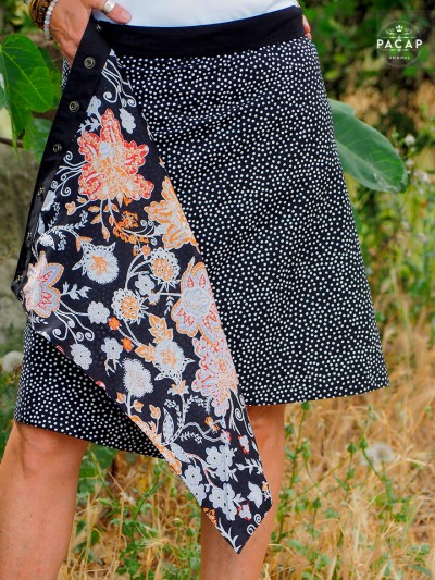 Reversible long skirt with floral and polka dot print