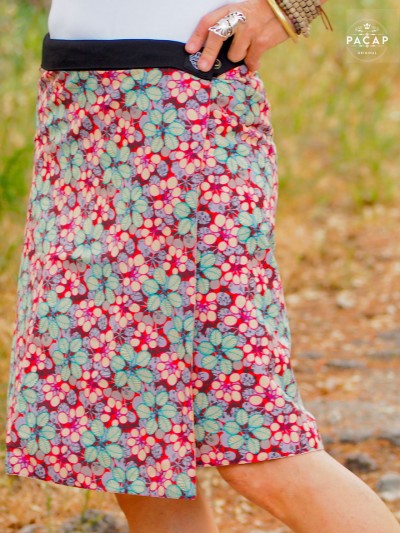 Pink and red flared skirt, floral pattern