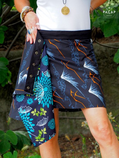 Blue printed trapeze skirt with adjustable waist