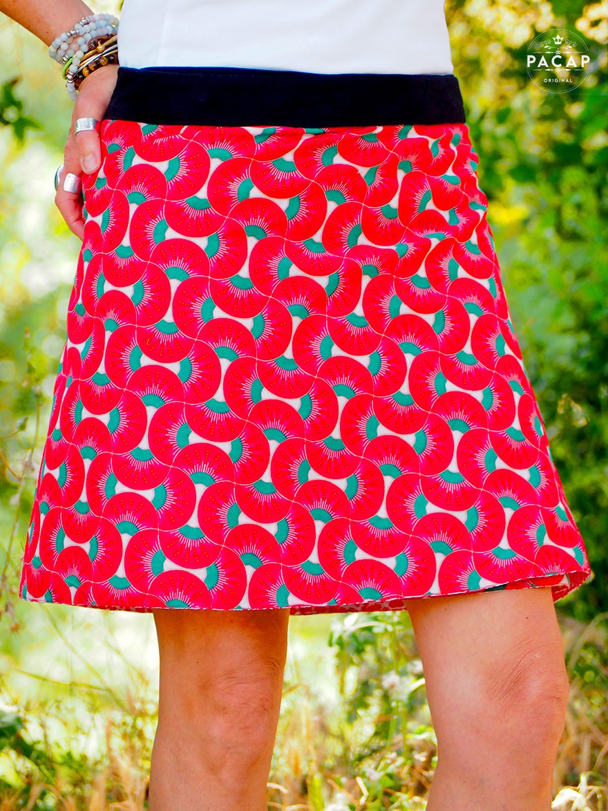 Red midi skirt for women with adjustable waist