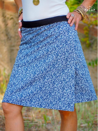 Reversible skater skirt with geometric blue floral print snap