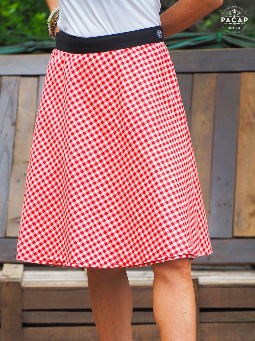 Jupe rouge à nouer, jupe tartan, jupe à carreaux, jupe été femme, jupe à vichy, jupe portefeuille évasée