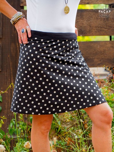 black skirt with polka dots woman mid-length vintage skirt summer flared straight skater skirt