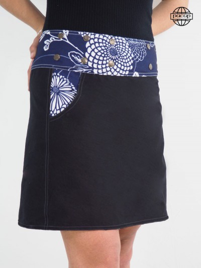 Black skirt with pocket cut Wallet Print Japanese Pattern Blue