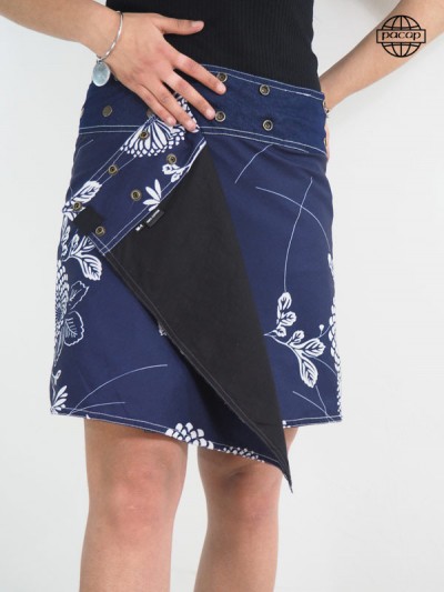 Reversible summer skirt with digital print Japanese pattern Blue and White