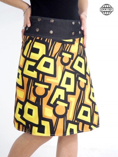 jupe portefeuille imprimé ethnique jaune pour femme coupe droite