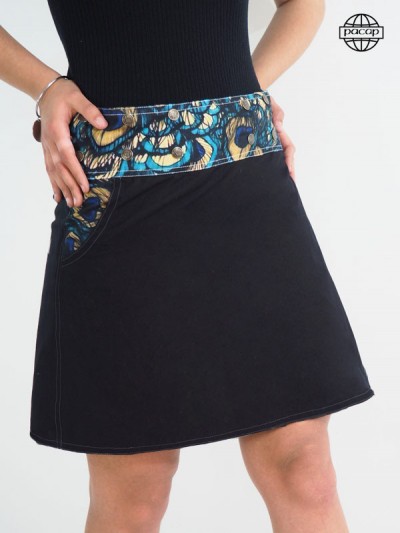 Limited Edition Digital Print Skirt with Peacock Feathers in Blue Denim and Black Cotton